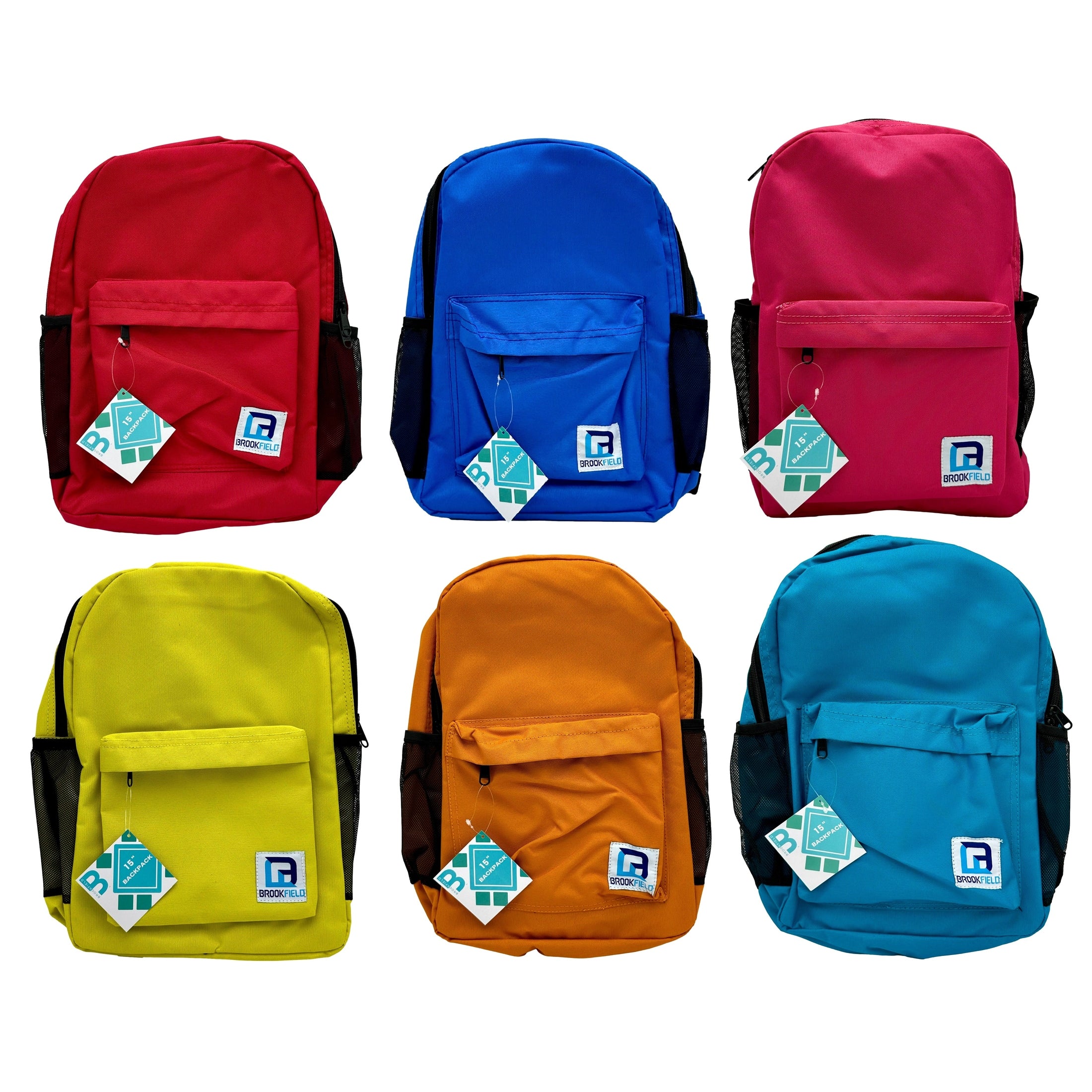 Six colorful backpacks with tags and labels.
